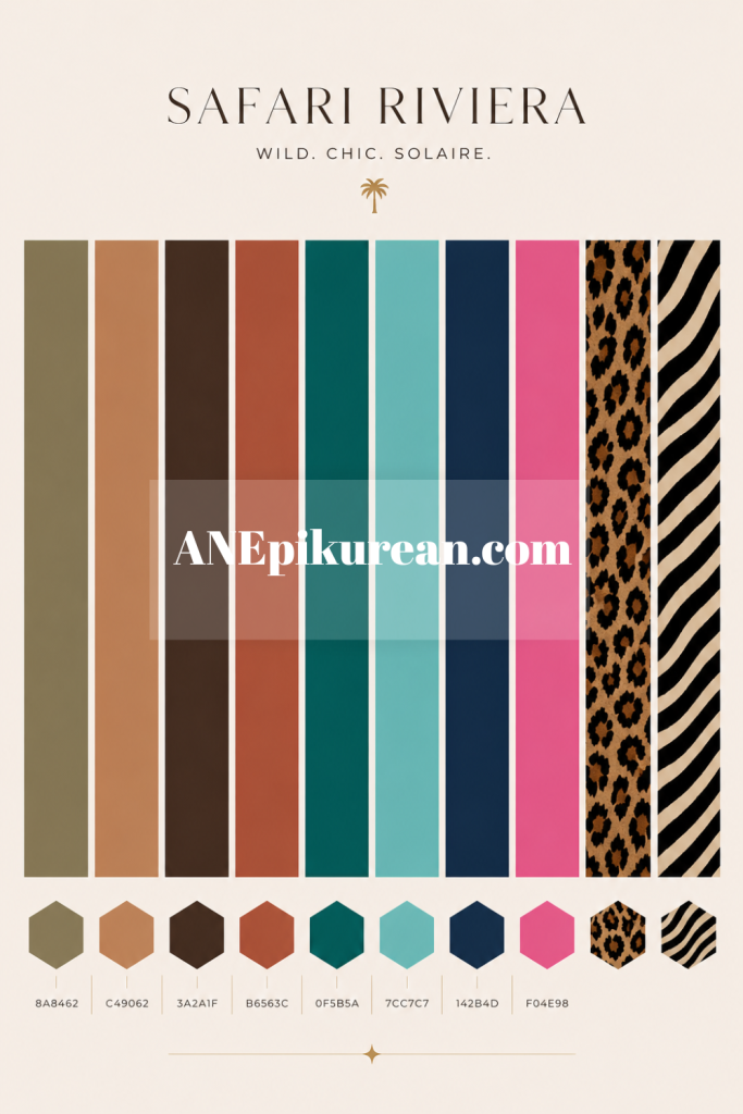 Autumn luxury color palette for black women with inverted triangle body shape, featuring rich tones and bold dopamine colors with wild animal prints.