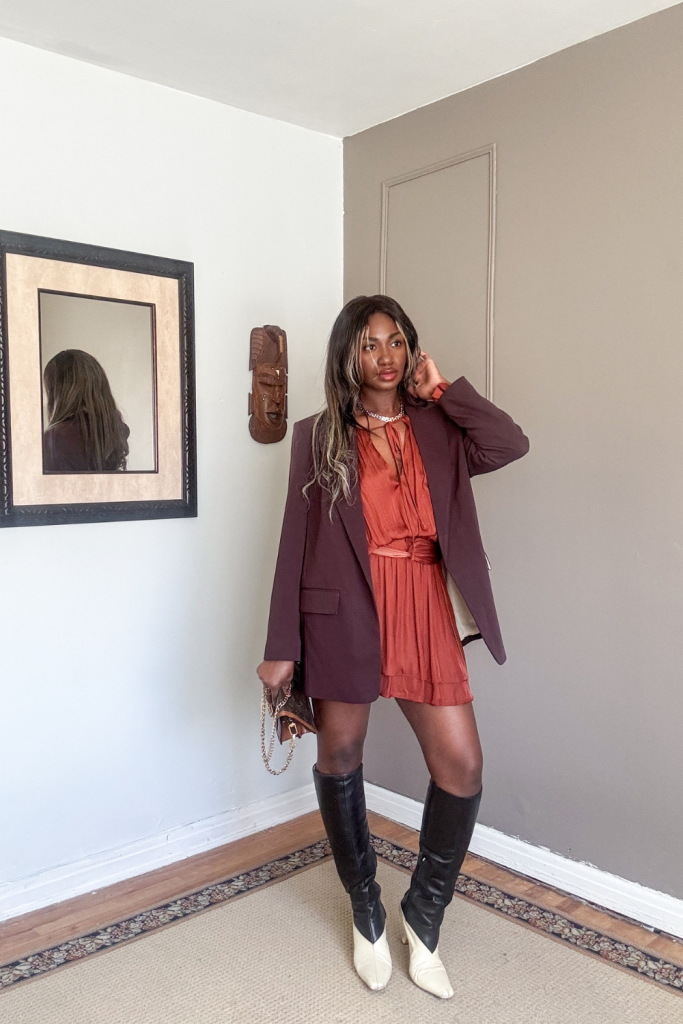 Inverted Triangle Body Shape style a brown blazer with terracota dress